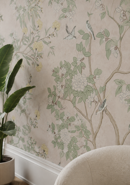 Vintage Chinoiserie Botanical Wallpaper – Peel and Stick Floral Bird Wall Mural in Neutral Beige