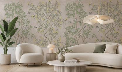 Vintage Chinoiserie Botanical Wallpaper – Peel and Stick Floral Bird Wall Mural in Neutral Beige