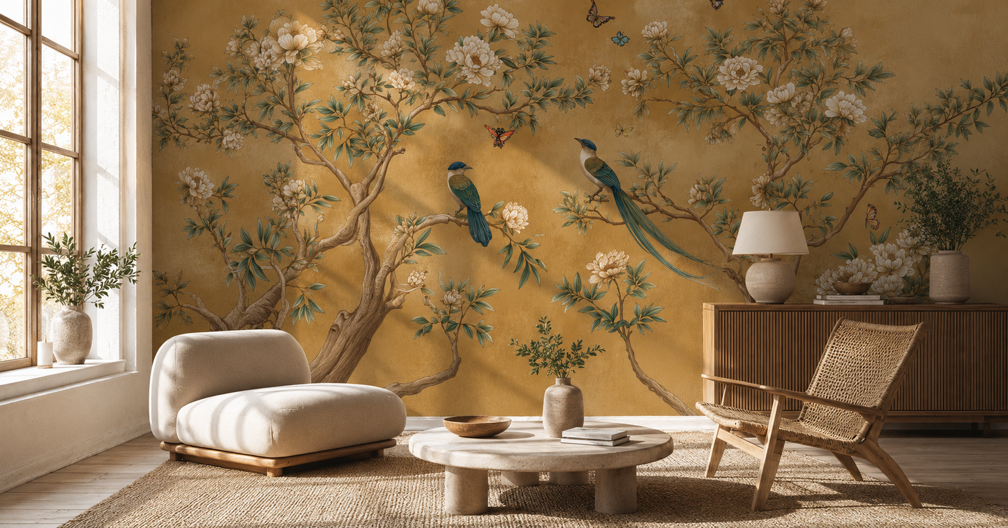 Elegant Chinoiserie Floral Wallpaper with Birds & Butterflies