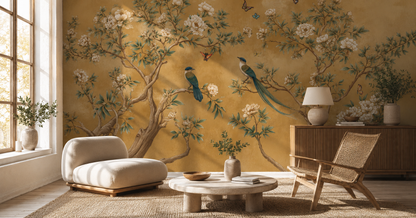 Elegant Chinoiserie Floral Wallpaper with Birds & Butterflies