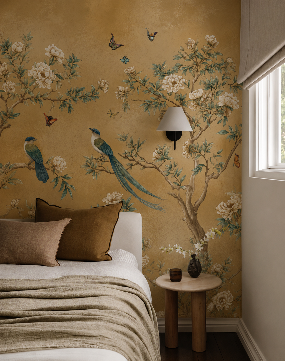 Elegant Chinoiserie Floral Wallpaper with Birds & Butterflies