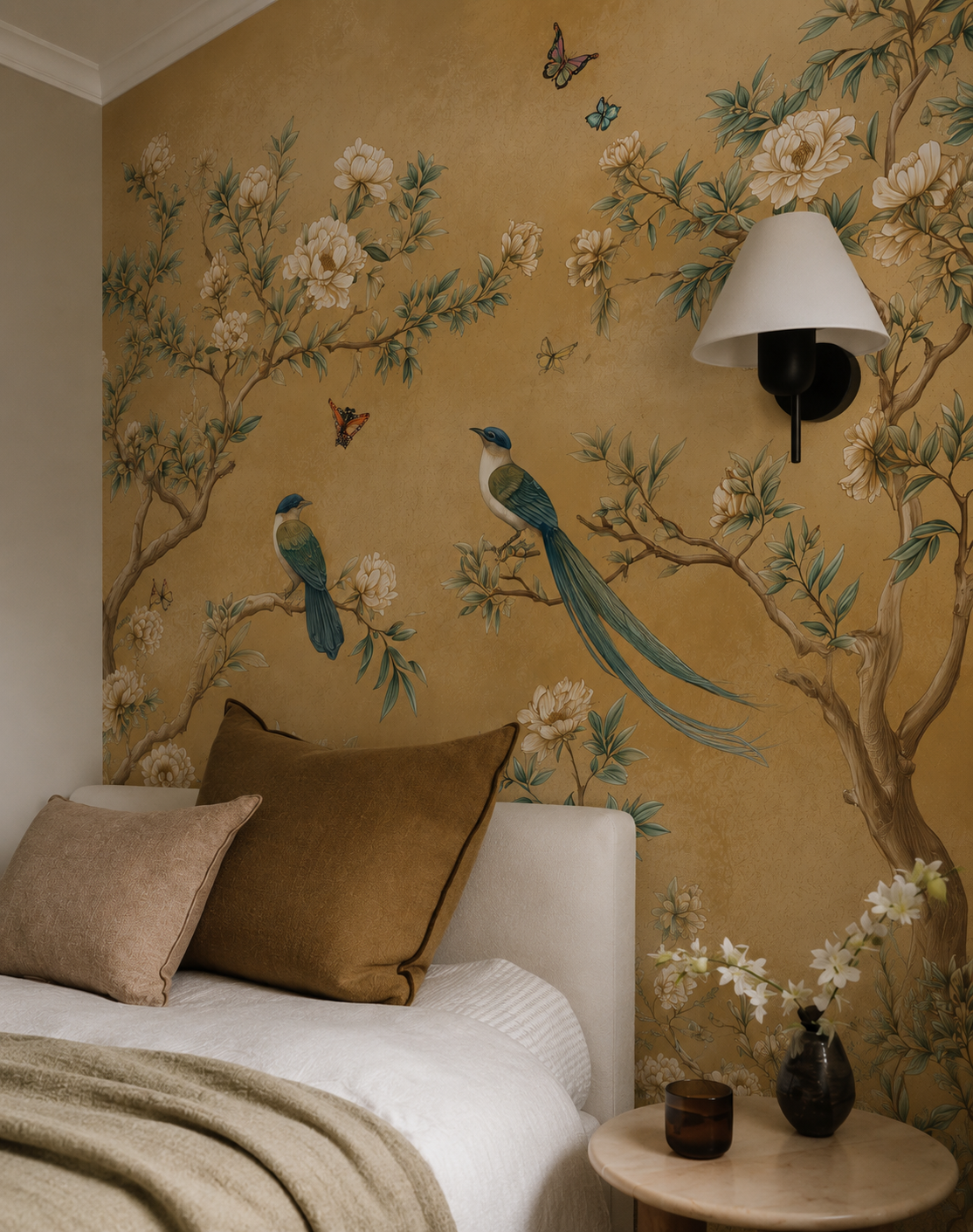 Elegant Chinoiserie Floral Wallpaper with Birds & Butterflies