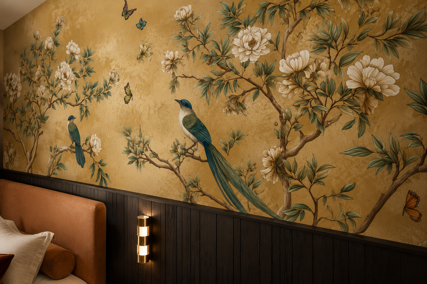 Elegant Chinoiserie Floral Wallpaper with Birds & Butterflies