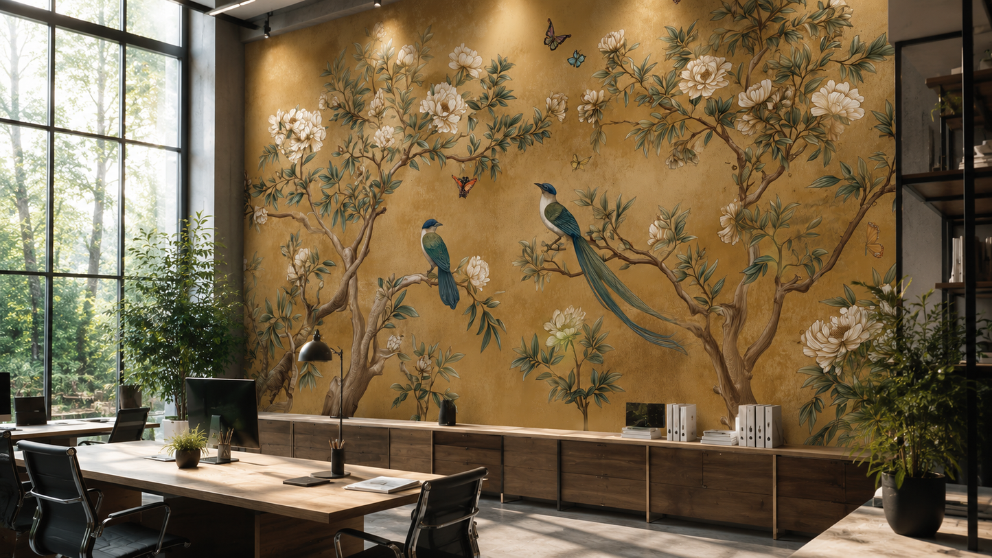 Elegant Chinoiserie Floral Wallpaper with Birds & Butterflies