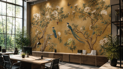 Elegant Chinoiserie Floral Wallpaper with Birds & Butterflies
