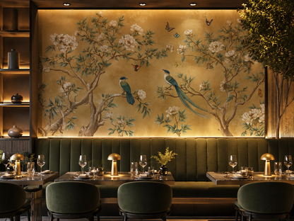 Elegant Chinoiserie Floral Wallpaper with Birds & Butterflies