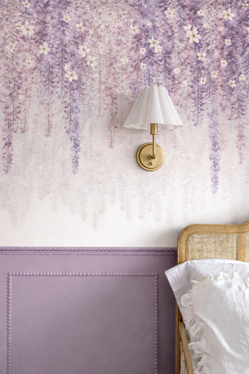 Lilac Wisteria Flowers Nursery Wallpaper - Watercolor Baby Girl Mural