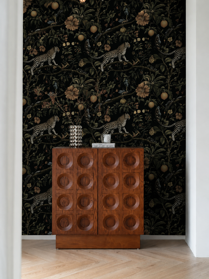 Dark Jungle Tropical Wallpaper – Leopard, Exotic Fruits & Botanical Mural