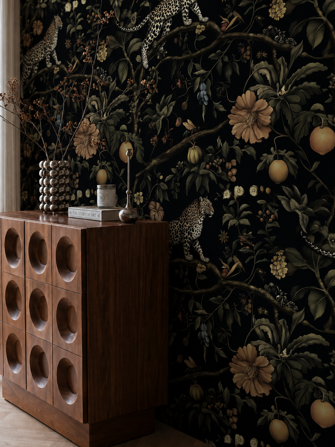 Dark Jungle Tropical Wallpaper – Leopard, Exotic Fruits & Botanical Mural