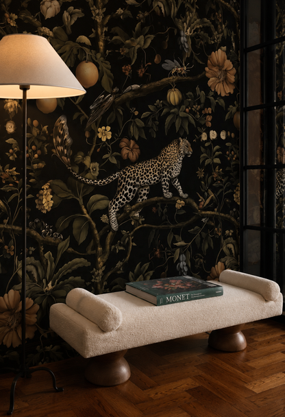 Dark Jungle Tropical Wallpaper – Leopard, Exotic Fruits & Botanical Mural