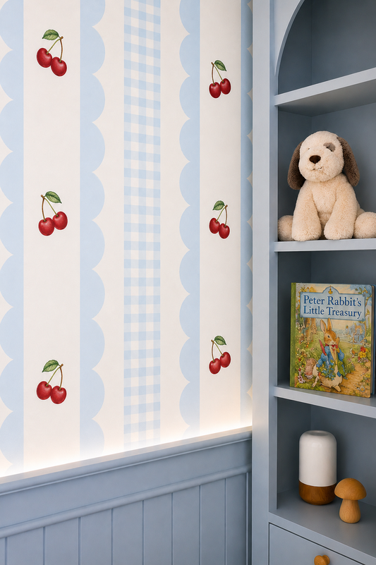 Cute Blue Cherry Stripe Kids Room Wallpaper – Cottagecore Scalloped Gingham Nursery Wallpaper |