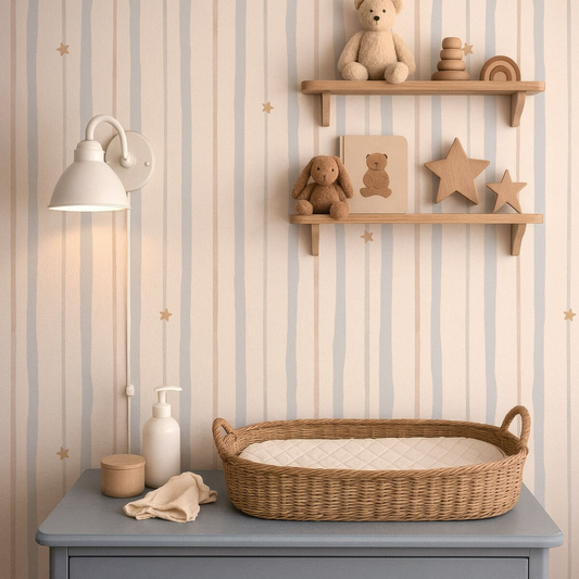 Neutral Striped Nursery Wallpaper with Stars – Beige & Blue Scandinavian Baby Room Wall Mural