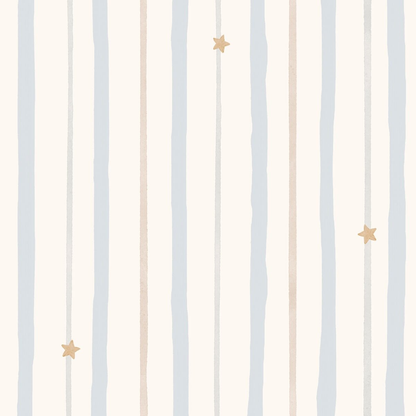 Neutral Striped Nursery Wallpaper with Stars – Beige & Blue Scandinavian Baby Room Wall Mural