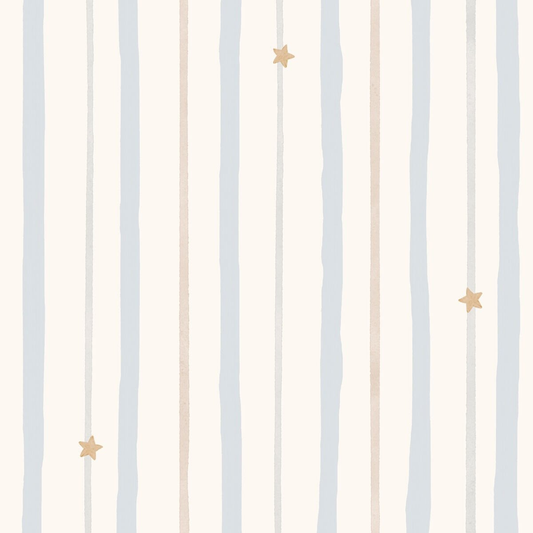 Neutral Striped Nursery Wallpaper with Stars – Beige & Blue Scandinavian Baby Room Wall Mural