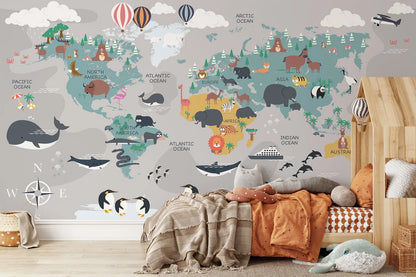 Cute Animals World Map Wallpaper