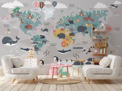 Cute Animals World Map Wallpaper