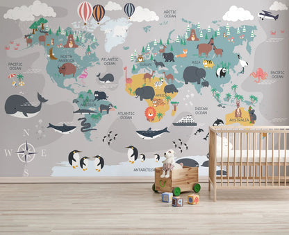 Cute Animals World Map Wallpaper