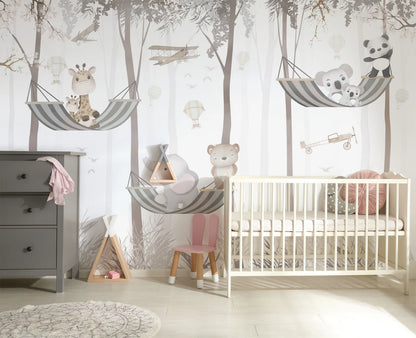 Cute Animals on Hammock Nursery Wallpaper