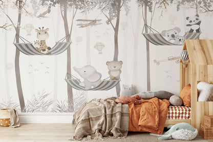 Cute Animals on Hammock Nursery Wallpaper