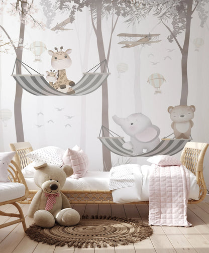 Cute Animals on Hammock Nursery Wallpaper