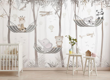 Cute Animals on Hammock Nursery Wallpaper