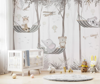 Cute Animals on Hammock Nursery Wallpaper