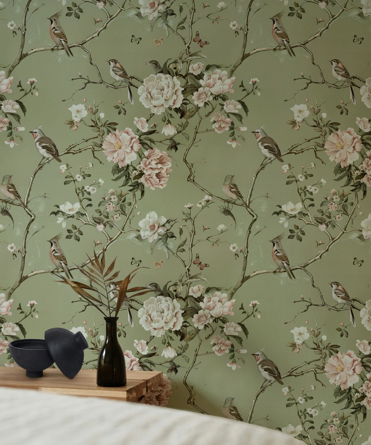 Light Green Chinoiserie Floral Wallpaper - Vintage Botanical Mural