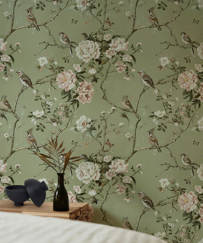 Light Green Chinoiserie Floral Wallpaper - Vintage Botanical Mural