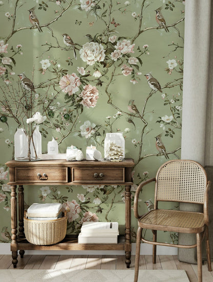 Light Green Chinoiserie Floral Wallpaper - Vintage Botanical Mural