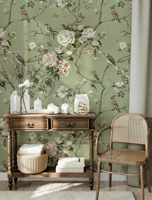 Light Green Chinoiserie Floral Wallpaper - Vintage Botanical Mural