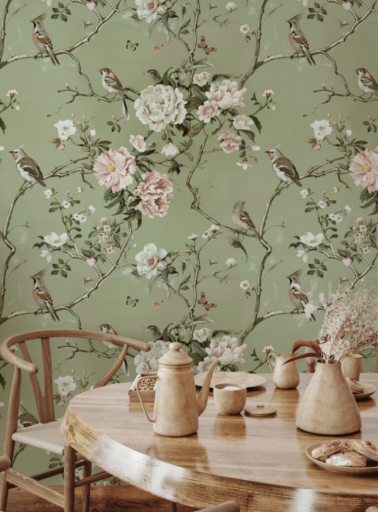 Light Green Chinoiserie Floral Wallpaper - Vintage Botanical Mural