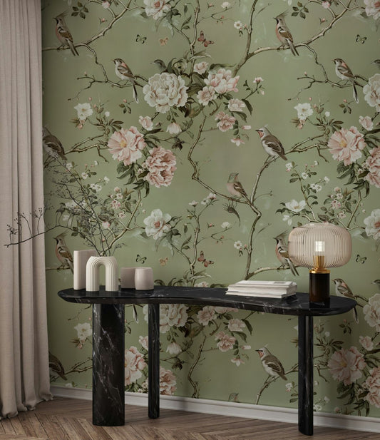 Light Green Chinoiserie Floral Wallpaper - Vintage Botanical Mural