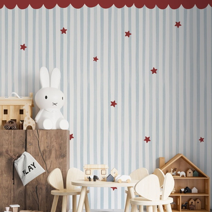 Red Ruffled and Blue Striped Wallpaper, Circus Themed Kids Room Wall Mural