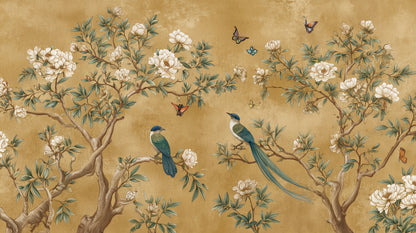 Elegant Chinoiserie Floral Wallpaper with Birds & Butterflies