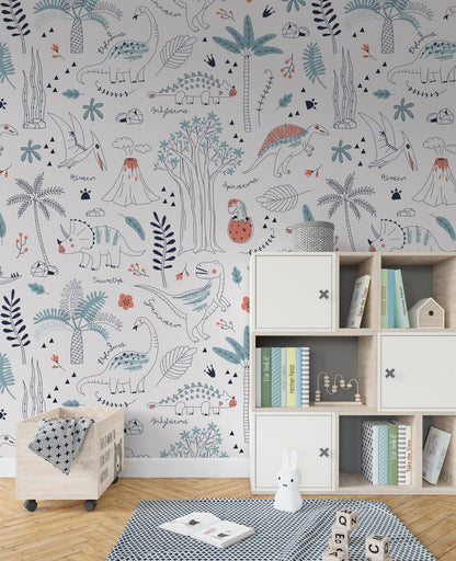 Kids Dino with Plants and Trees Wallpaper