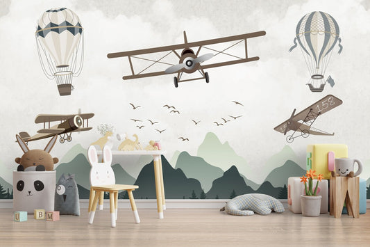 Kids Air Plane and Hot Air Balloon Wallpaper