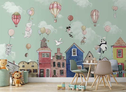 Kids Animals City and Balloons Wallpaper