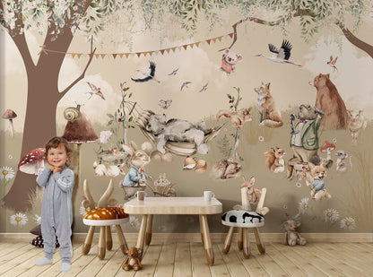 Kids Woodland Pastel Forest Animals Wallpaper