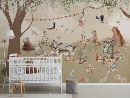 Kids Woodland Pastel Forest Animals Wallpaper