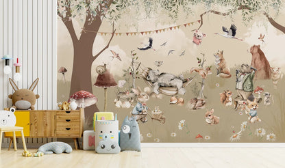 Kids Woodland Pastel Forest Animals Wallpaper