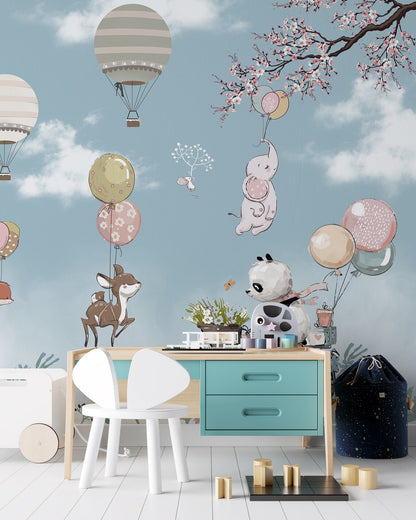 Kids Flying Animals Hot Air Balloon Wallpaper