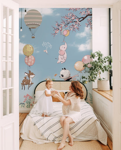Kids Flying Animals Hot Air Balloon Wallpaper