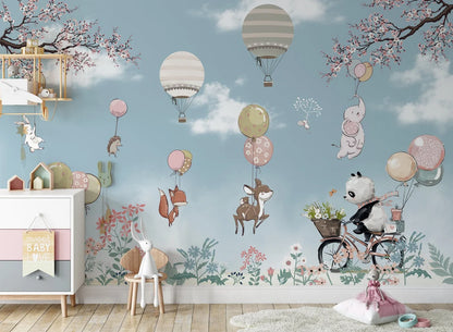 Kids Flying Animals Hot Air Balloon Wallpaper