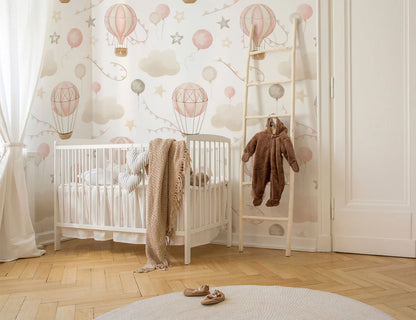 Kids Wallpaper with Air Balloons and Clouds in Cute Soft Colors Wallpaper