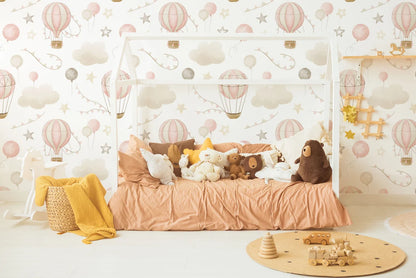Kids Wallpaper with Air Balloons and Clouds in Cute Soft Colors Wallpaper