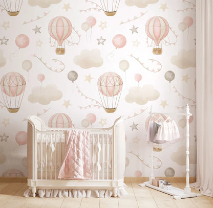 Kids Wallpaper with Air Balloons and Clouds in Cute Soft Colors Wallpaper