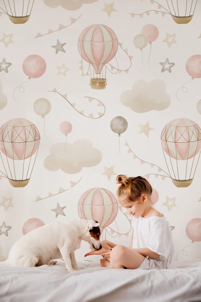 Kids Wallpaper with Air Balloons and Clouds in Cute Soft Colors Wallpaper