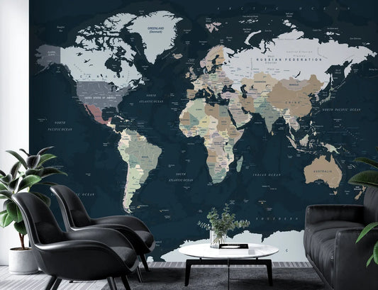 Navy Blue Dark World Map Office Wallpaper