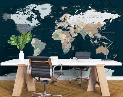 Navy Blue Dark World Map Office Wallpaper