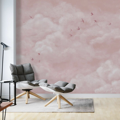Pink Cloud & Birds Baby Girl Wallpaper | Watercolor Kids Wall Mural